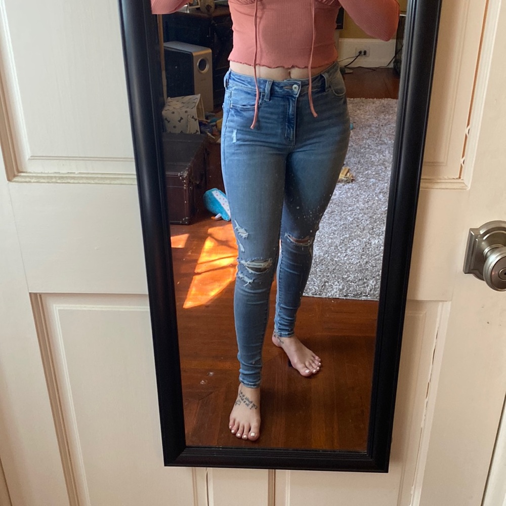 American Eagle, high waisted size 2 regular, distressed, light colored.